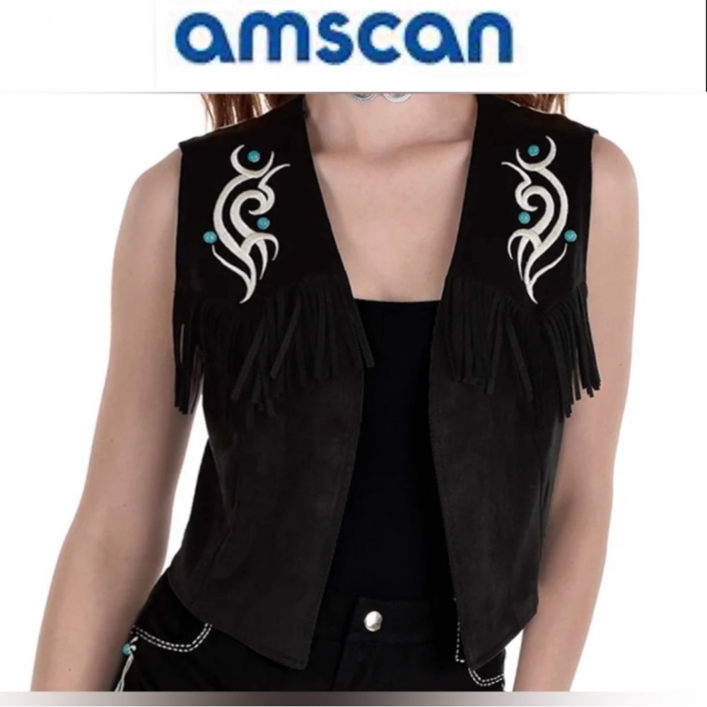 AMSCAN COWGIRL VEST Adult Black Faux Suede with Fringe size S  NWT - Picture 10 of 11